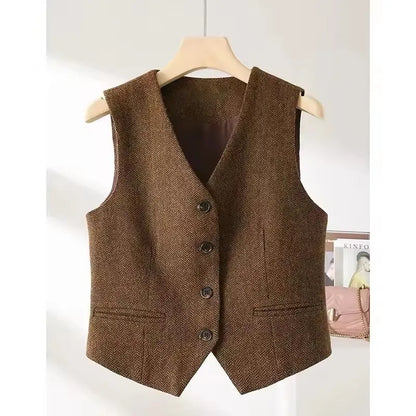 Vintage V-neck Casual Vest Jacket Women British Style  Loose Sleeveless Waistcoat 2025 New Spring Summer Buttons Ladies Outwear