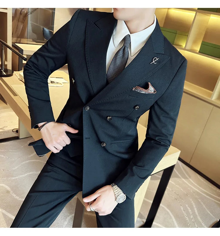 (Jackets +Pants ) Men's Suits 2 Piece High-Quality Double Breasted Lapel Solid Business Groom Wedding Tuxedo Banquet Clothing