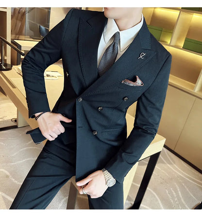 (Jackets +Pants ) Men's Suits 2 Piece High-Quality Double Breasted Lapel Solid Business Groom Wedding Tuxedo Banquet Clothing