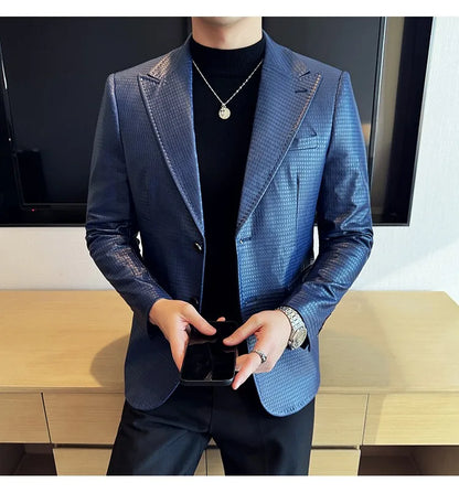 Korean Waffle Leather Suit Jacket Men's Business Casual PU Leather Blazer Slim Fit Wedding Groom Office Social Formal Coats 2026