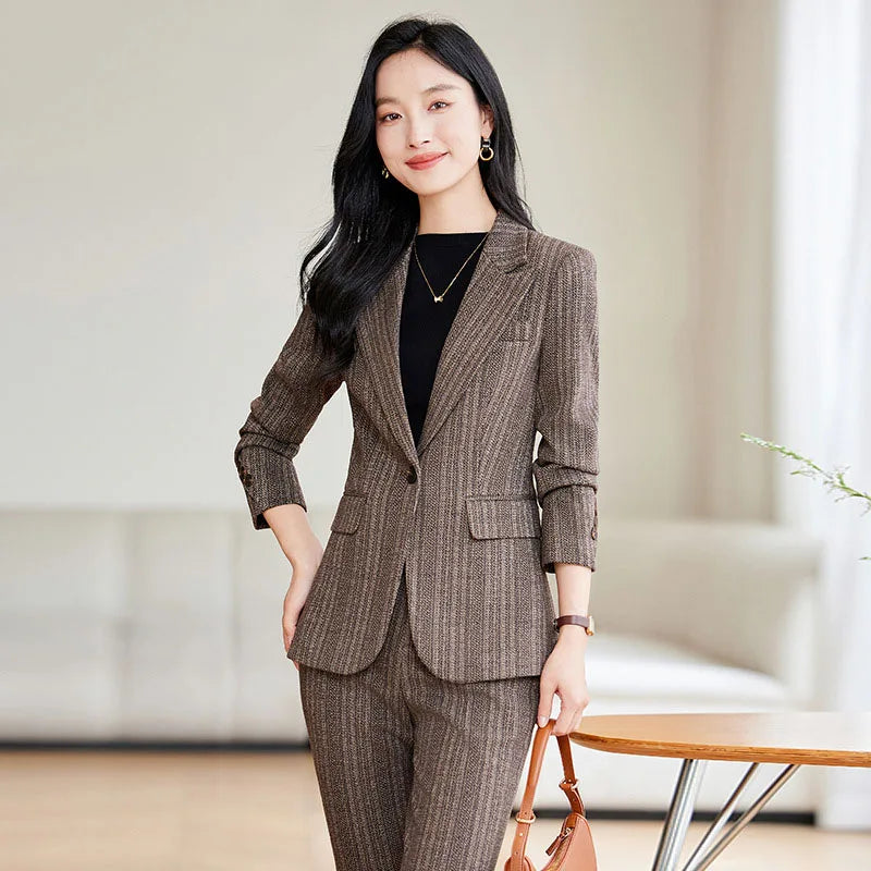 Gray Coffee Striped Ladies Formal Pant Suit Set Women Female Business Work Wear Long Sleeve 2 Piece Blazer Jacket And Trouser