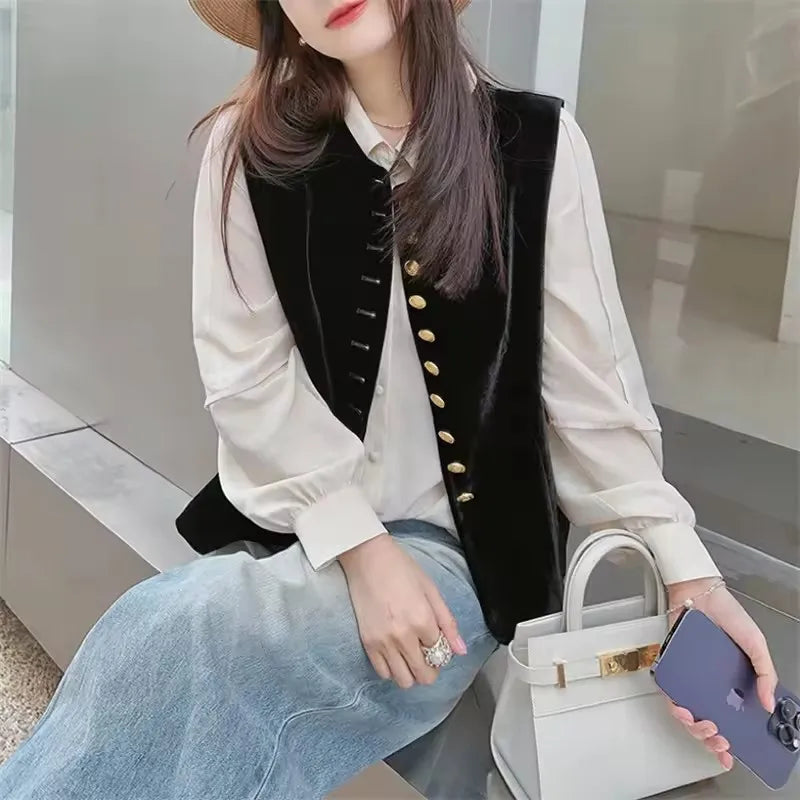 2025 Autumn Winter Chinese Style Velvet Vest Jacket Women's Sleeveless Coat Versatile Slim Lady Retro Waistcoat Outwear