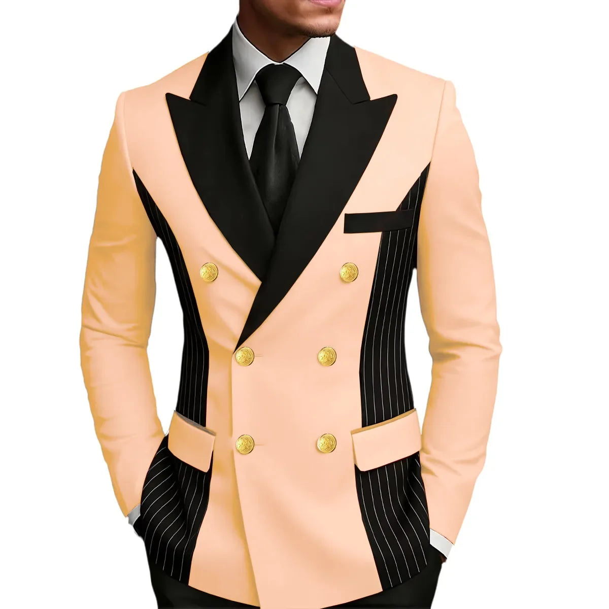 Men's Double Breasted Blazer Striped Patchwork Peak Lapel Slim Fit Formal Wedding Suit Jacket