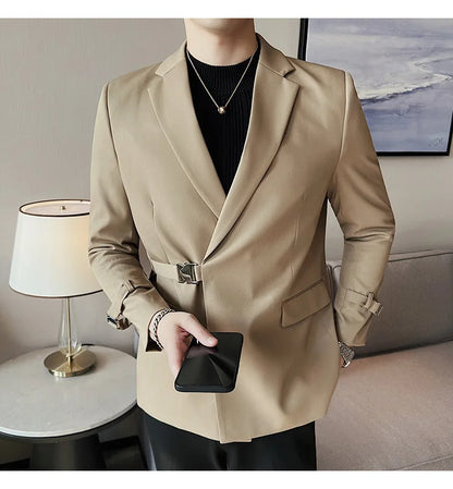 Men's Slim Fit Blazer Metal Buckle Decoration Smart Casual Wedding Party Jacket