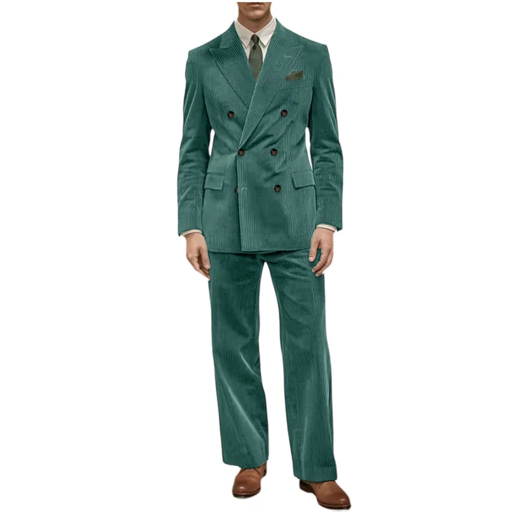 Men's Corduroy Suit 2 Piece Retro Double Breasted Peak Lapel Blazer Straight Leg Pants Formal Set Business Casual Wedding Party