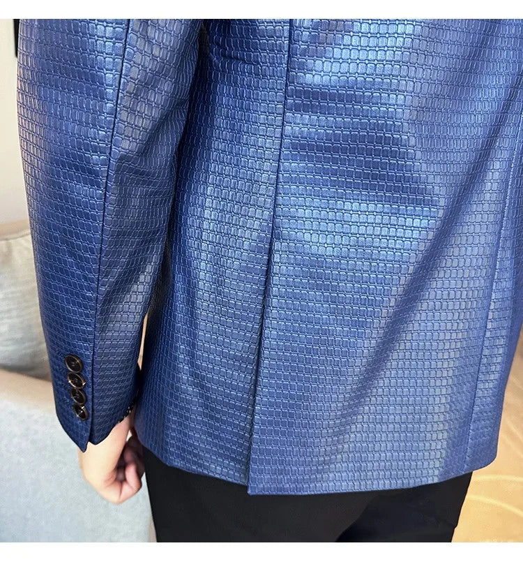 Korean Waffle Leather Suit Jacket Men's Business Casual PU Leather Blazer Slim Fit Wedding Groom Office Social Formal Coats 2026