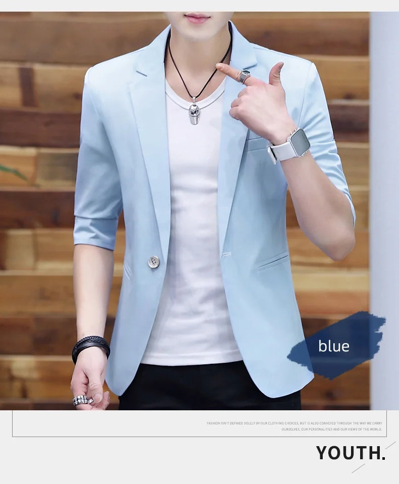 Summer 2025 Men's Mid-Sleeve Slim Fit Suit Korean Style Handsome Youth Seven-Quarter Jacket Small Suit Collection
