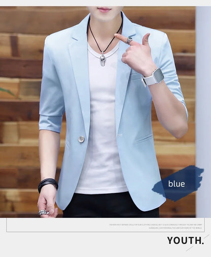 Summer 2025 Men's Mid-Sleeve Slim Fit Suit Korean Style Handsome Youth Seven-Quarter Jacket Small Suit Collection