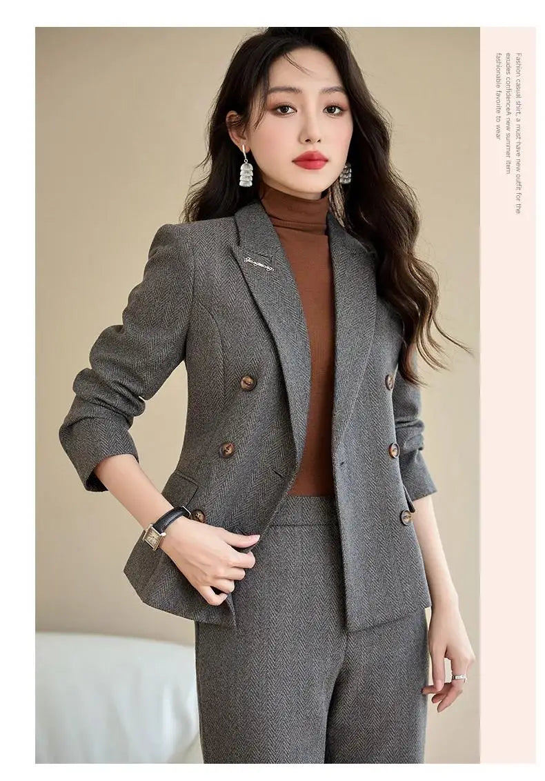 Elegant Lady Wide Leg Pant Sets for Women 2 Pieces Blazer Suit Double Breasted Jacket Trousers Outfit Female Autumn Winter