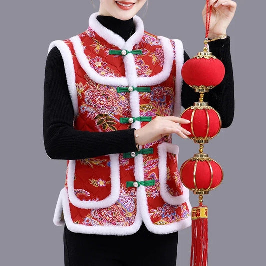 Middle-aged Mother Add Velvet Warm Vest Coat Autumn Winter New Printed Fleece Sleeveless Jacket Grandma Thicken Warm Waistcoat