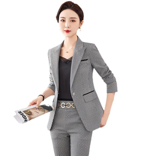 Plaid Women Suits Office Set Pocket Suit Collar Single Button Fashion Long Sleeve Blazer High Waisted Slim Pant Suits