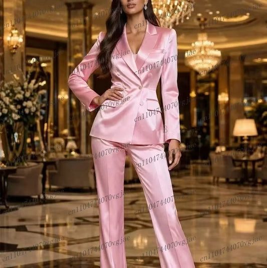 Pink Fashion Acetate Satin Women Suit Formal Wedding Party Business Prom Ladies Girl Mother Costume 2 Piece Set Jacket Pants