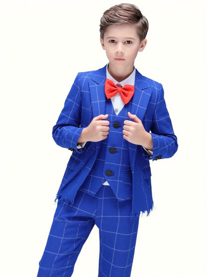 Boys 4Pieces Blue Plaid Suit Set With Jacket Vest Pants Bowtie Kids Formal Wedding Birthday Performance Photography Outfit