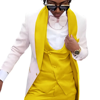 Fashion Men's Suit 3 piece Suit White Jacket Khaki Vest Pants Wedding Tuxedo Groom Tailored Suit Blazer for Men Slim Fit Outfit