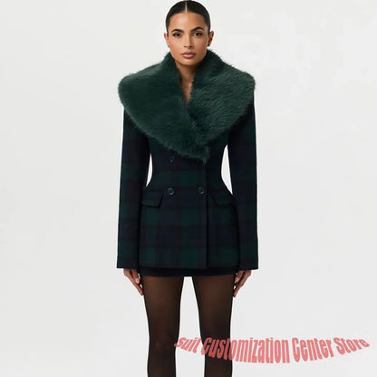 Dark Green Plaid Double-Breasted Blazer Women's Faux Fur Two Piece(Jacket+Pants) Stylish Evening Party Cocktail Event Outerwears