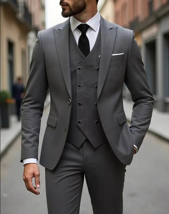 Men's Classic 3-Piece Suit Set - Slim Fit Notched Lapel Blazer with Vest & Pants, Versatile Formal Outfit for Business & Events