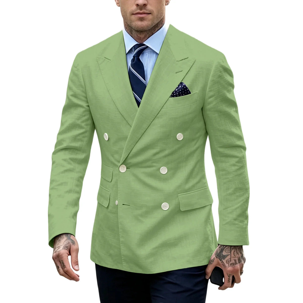 Men's Double Breasted Blazer Slim Fit Linen Suit Jacket Formal Business Casual Tuxedo for Wedding Prom Office Party Daily Wear