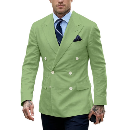 Men's Double Breasted Blazer Slim Fit Linen Suit Jacket Formal Business Casual Tuxedo for Wedding Prom Office Party Daily Wear