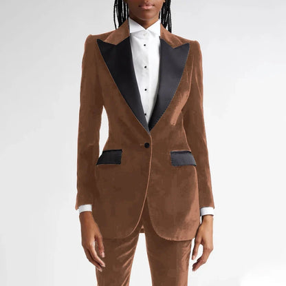 Black Flannel Women Suit Customized Single-grain Buckle Peaked Lapel Two Pieces(Jacket+Pants) Modern Business Office Lady Set