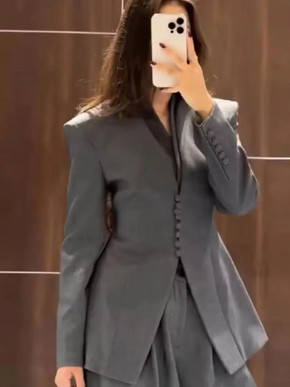 Women's Waist-Cinching Blazer, V-Neck Slim Fit, with Tie, High-End Office Jacket, Single-Button, Women's Formal Top, Commuter Blazer