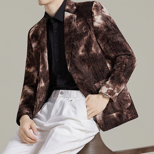 Autumn Korean Slim Fit Suit Jacket for Men Tie Dye Chenille Fashion Casual Suit Jacket Warm Business Social Formal Men Blazers