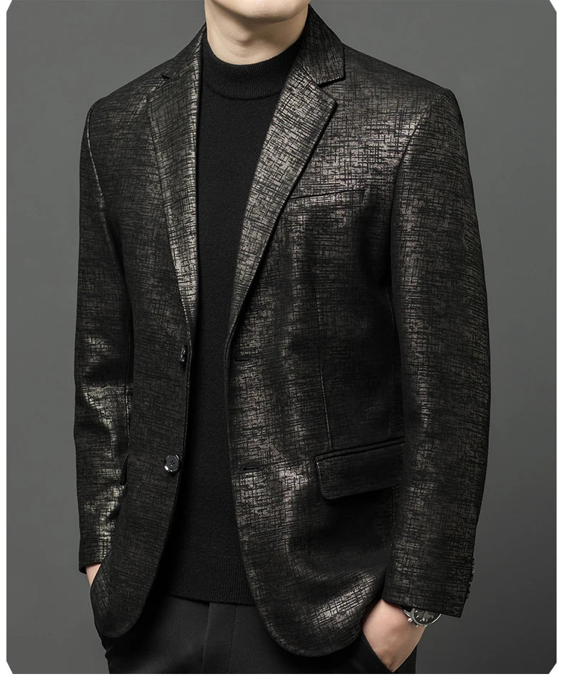 2024 High-end Men's Fashion Handsome Spring and Autumn Leather Printed Men's Suit Business Casual Coat  Men Leather Jacket  Suit
