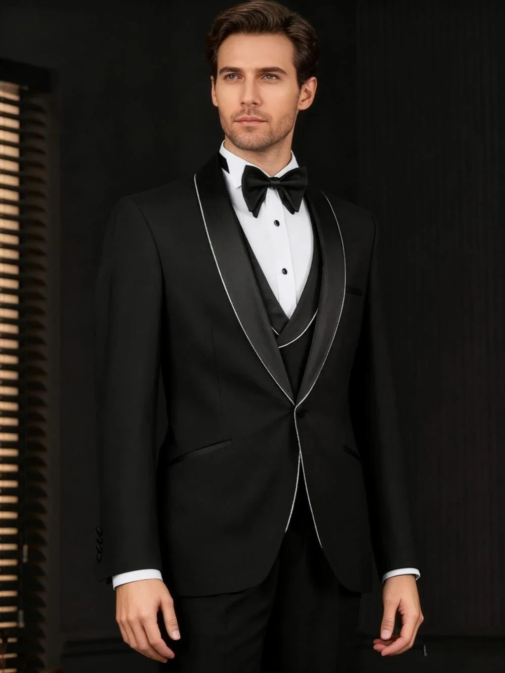 Black Shawl Lapel Suit Set 3 Pieces For Business Negotiation,Classic Shawl Lapel Men's Slim Fit Suits Birthday Party Outfit