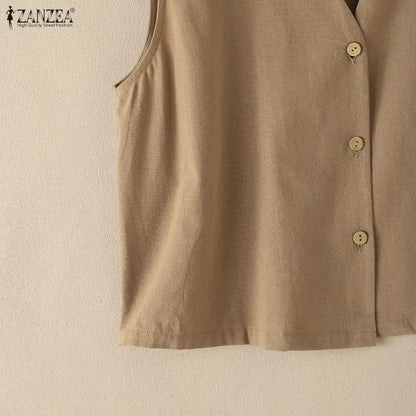 Woman Breathable Cotton Linen Solid Color Tank Tops Summer V-Neck Button Up Sleeveless Tops ZANZEA Daily Casual Vacation Tanks