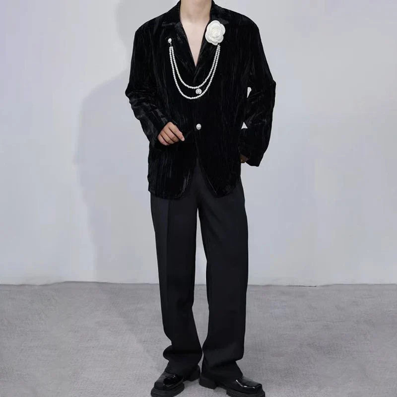 Luxury Elegant Handsome Blazer Coat Men's Original Niche Three-dimensional Pearl Chain Stylish Solid Color Jacket JY4431
