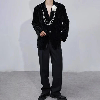 Luxury Elegant Handsome Blazer Coat Men's Original Niche Three-dimensional Pearl Chain Stylish Solid Color Jacket JY4431