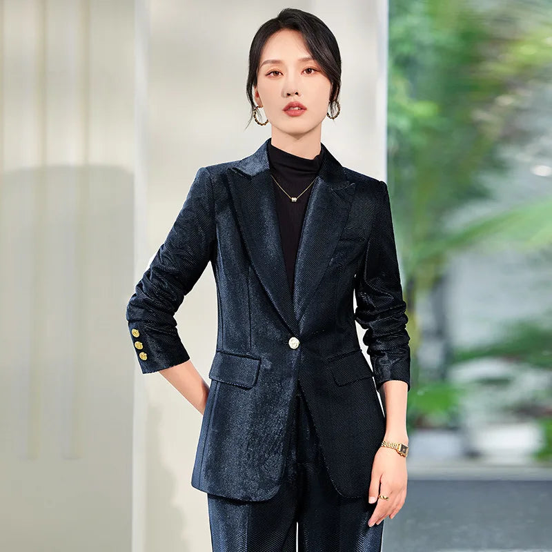 Pleuche Two Piece Sets Womens Outifits 2024 New Fashion Slim Elegant Long Sleeve Blazer Office Lady Flare Pants Suits