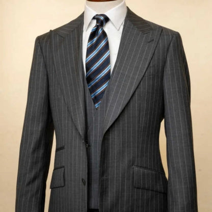 Mens Grey Pinstripe 3 Piece Suit Single Breasted Wide Peak Lapel Vest And Pants Formal Business Wedding Guest Customized