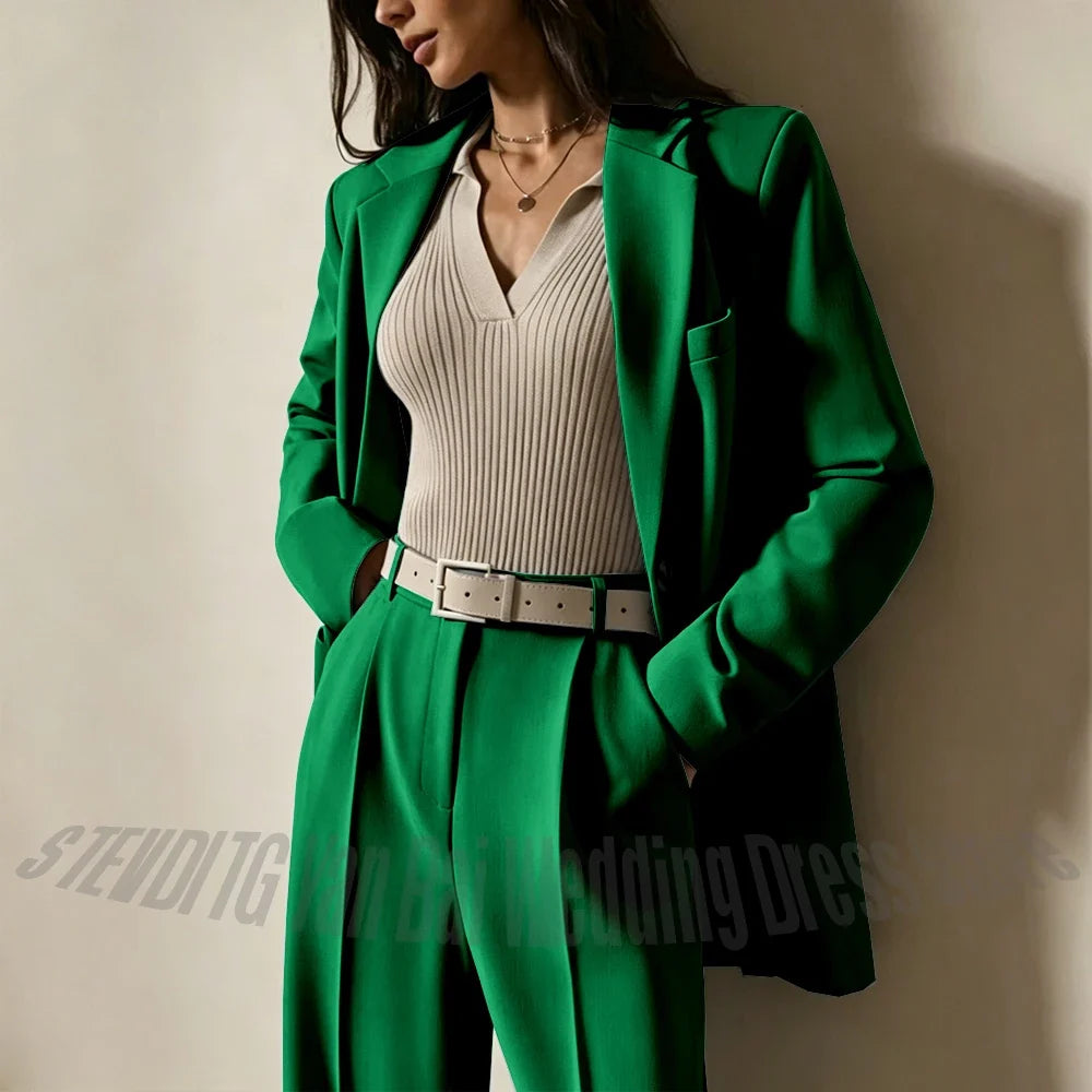 Dusty Blue Women Suits Casual Loose Single Breasted Blazer Pants 2 Piece Minimalist Fashion Office Daily Wear Outfit Set