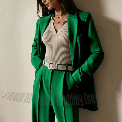 Dusty Blue Women Suits Casual Loose Single Breasted Blazer Pants 2 Piece Minimalist Fashion Office Daily Wear Outfit Set