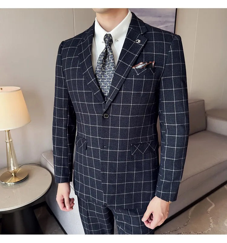 Men's 3-Piece Slim Fit Plaid Suit – Jacket, Vest & Pants for Weddings, Office & Formal Occasions