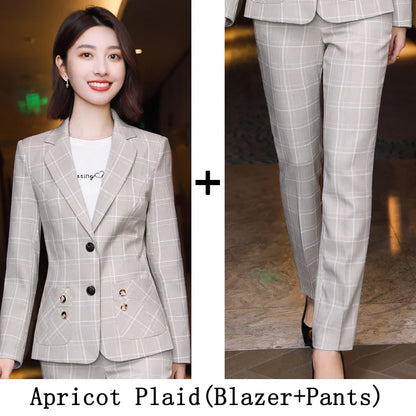 Plaid Women Suits Office Sets 2023 Vintage Long Sleeve Single Button Silm Blazers Chic High Waist Casual Pants Suits