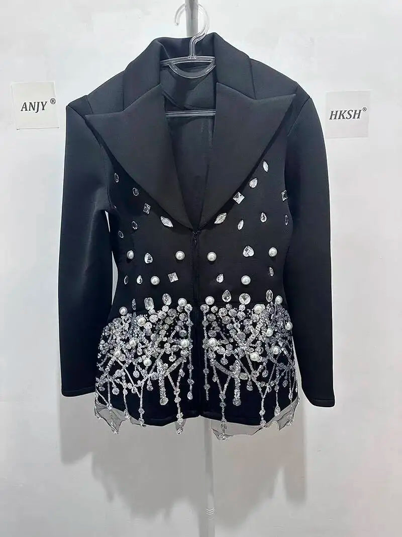 Sexy Socialite Style Blazer Dress 2025 Spring Autumn New Women's Turn-Down Collar Long Sleeve Sequin Diamond Jacket  HK8313