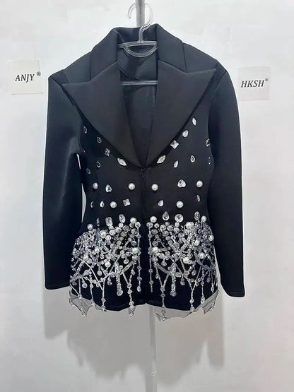 Sexy Socialite Style Blazer Dress 2025 Spring Autumn New Women's Turn-Down Collar Long Sleeve Sequin Diamond Jacket  HK8313