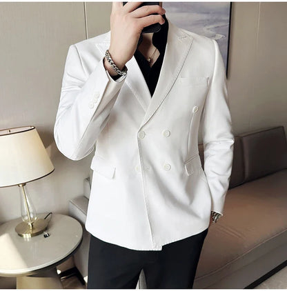 Autumn High-quality Double Breasted Slim Fit Suit Jacket Men Versatile Casual Business Blazer Wedding Social Banquet Formal Coat