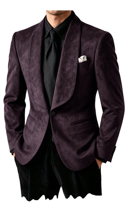 Luxury Men's Faux Suede Blazer Shawl Lapel 1 Button Slim Fit Tuxedo Jacket Business Casual For Wedding Party Prom Suit Coat