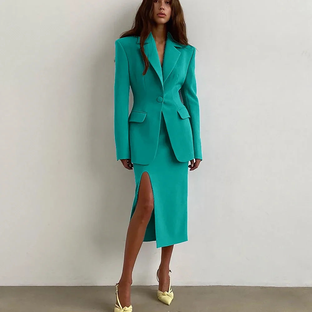 Professional Women's Single Button Notch Lapel Blazer Suit Side Slit Midi Skirt Set Elegant Party Office Fashion 2Piece Outfit