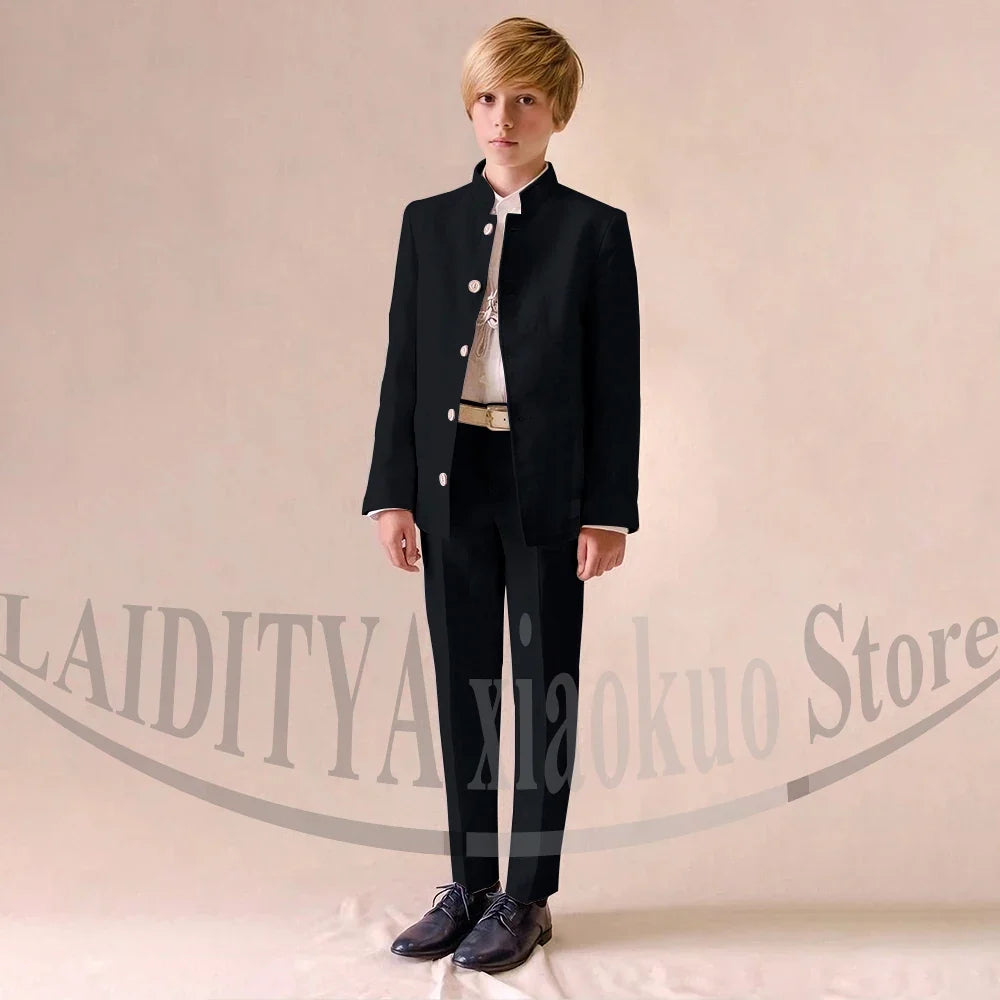 Chic Linen Boy Suits Fashion Stand Collar Single Breasted Blazer with Pants Formal Wedding Tuxedo Daily Casual Kids Clothes