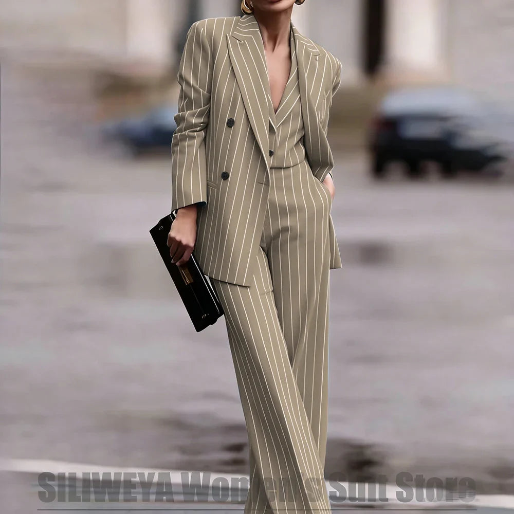 Navy Women's Striped 3 Piece Suit Double Breasted Blazer Vest Wide-Leg Pants Set Fashion Formal Party Office Casual Outfit