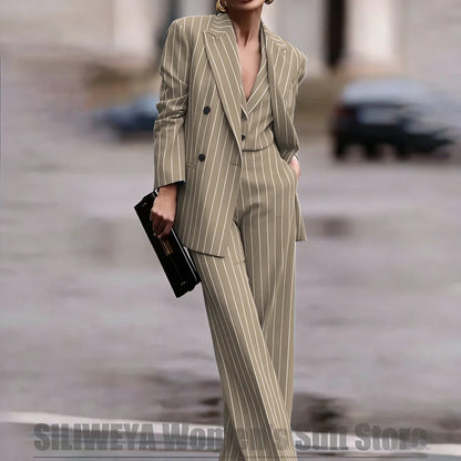 Navy Women's Striped 3 Piece Suit Double Breasted Blazer Vest Wide-Leg Pants Set Fashion Formal Party Office Casual Outfit