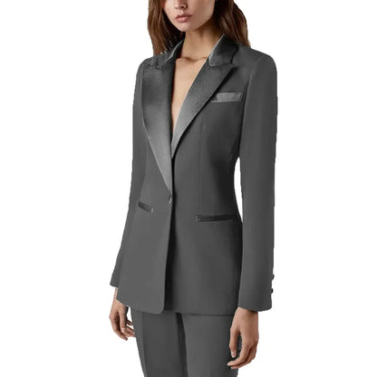 Pants Sets 2 Piece Fashion Satin Peak Lapel Single Button Solid Color Outfits Chic Casual Slim Daily Office Women's Suit