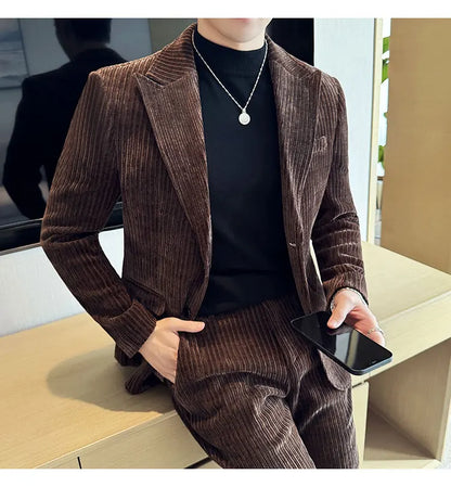 ( Jacket+Pants) Men Corduroy Suit Two-Piece Set High Quality Italian Style Business Suit Luxury Men Formal Wedding Groom Tuxedos