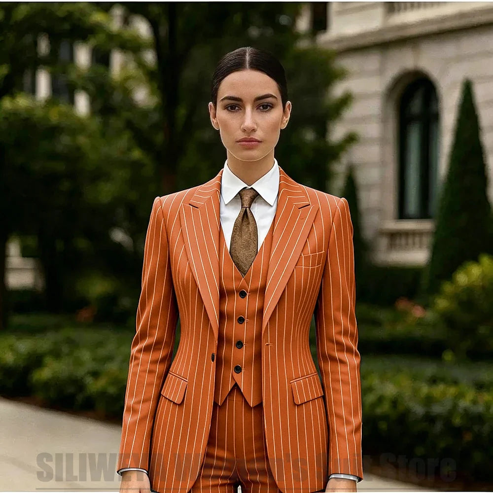 White Striped Women Suit 3 Piece Chic Peak Lapel One Button Blazer Vest Pants Formal Office Business Wedding Party Wear