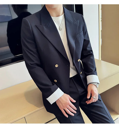 Korean Style Double Breasted Suit Jacket for Men Fashion Casual Business Suit Jackets Office Social Banquet Blazer Masculino