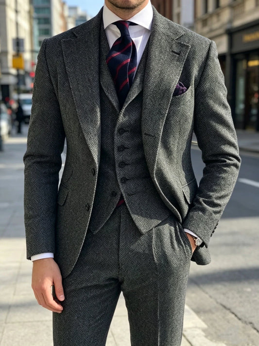 3 Piece Dark Gray Herringbone Tweed Wool Men Suits For Business Slim Fit Notched Lapel Jacket Vest Pants for Wedding Outwear