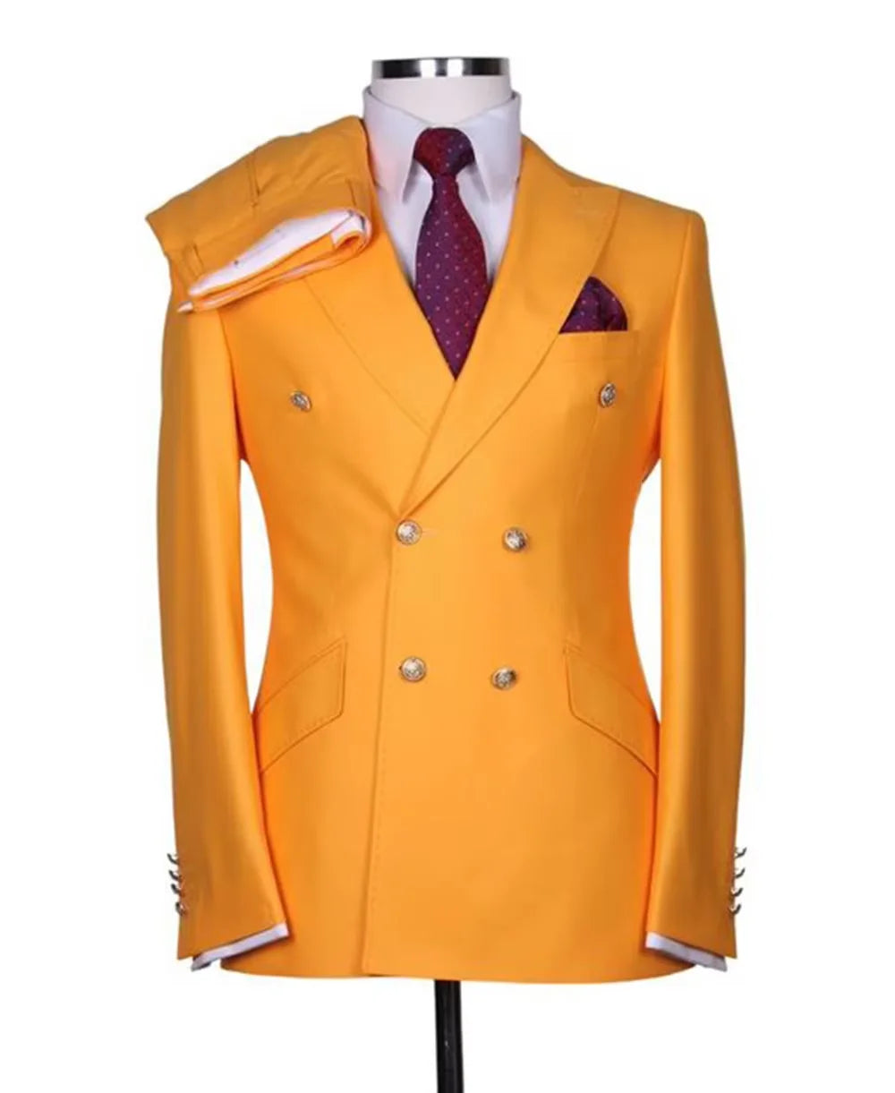 Men's Serge Suit 2 Piece Double Breasted Slim Fit Peak Lapel Gold Button High Quality Formal Blazer Pants Formal Business Weddin